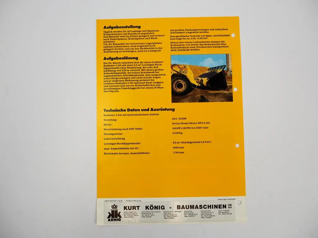 Prospekt Liebherr L541 Radlader Einsatzbericht Holzumschlag Fa. Rauch 1986 Label