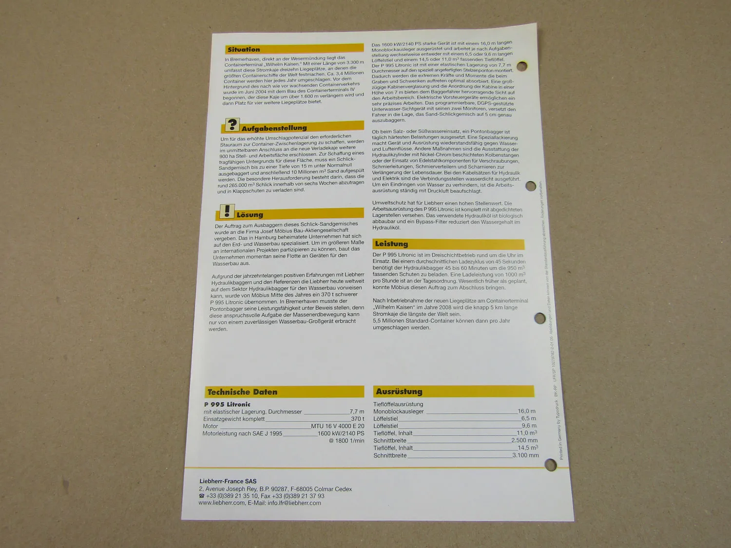 Prospekt Liebherr P 995 Litronic Einsatzbericht 2005 Bremerhaven Containertermin