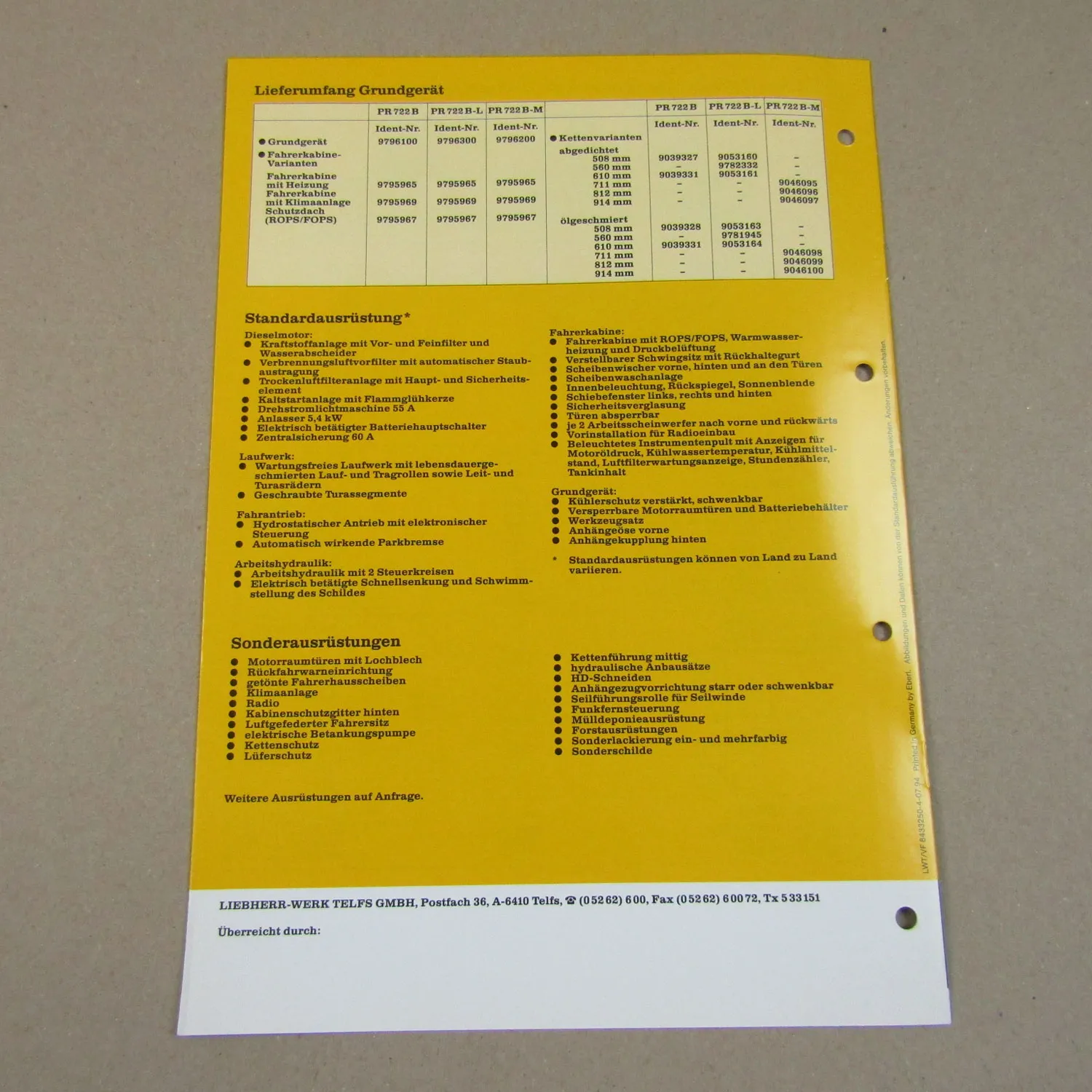 Prospekt Liebherr PR 722B Litronic Planierraupe Technische Beschreibung 1994