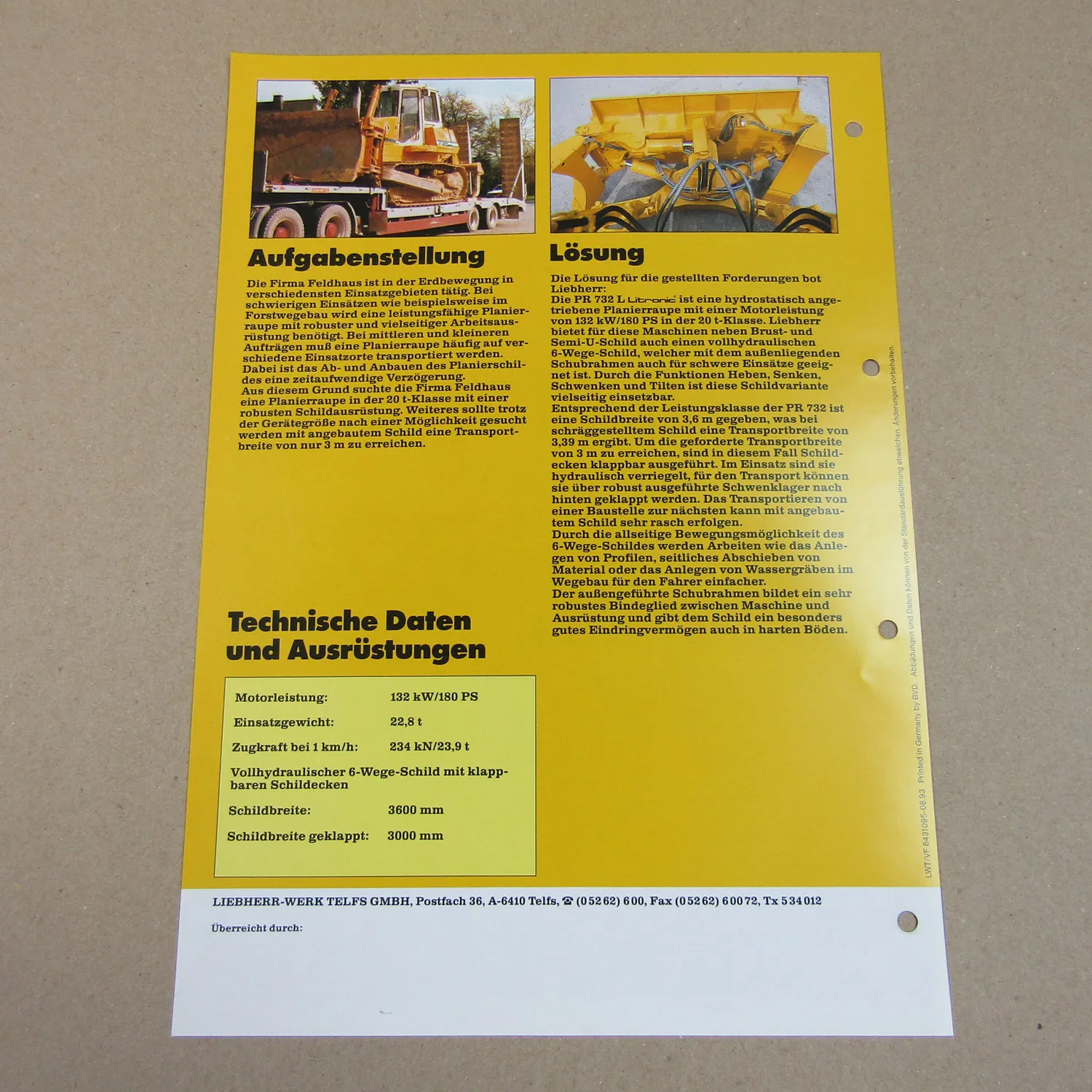 Prospekt Liebherr PR 732 Litronic Planierraupe Einsatzbericht 6-Wegeschild 1993