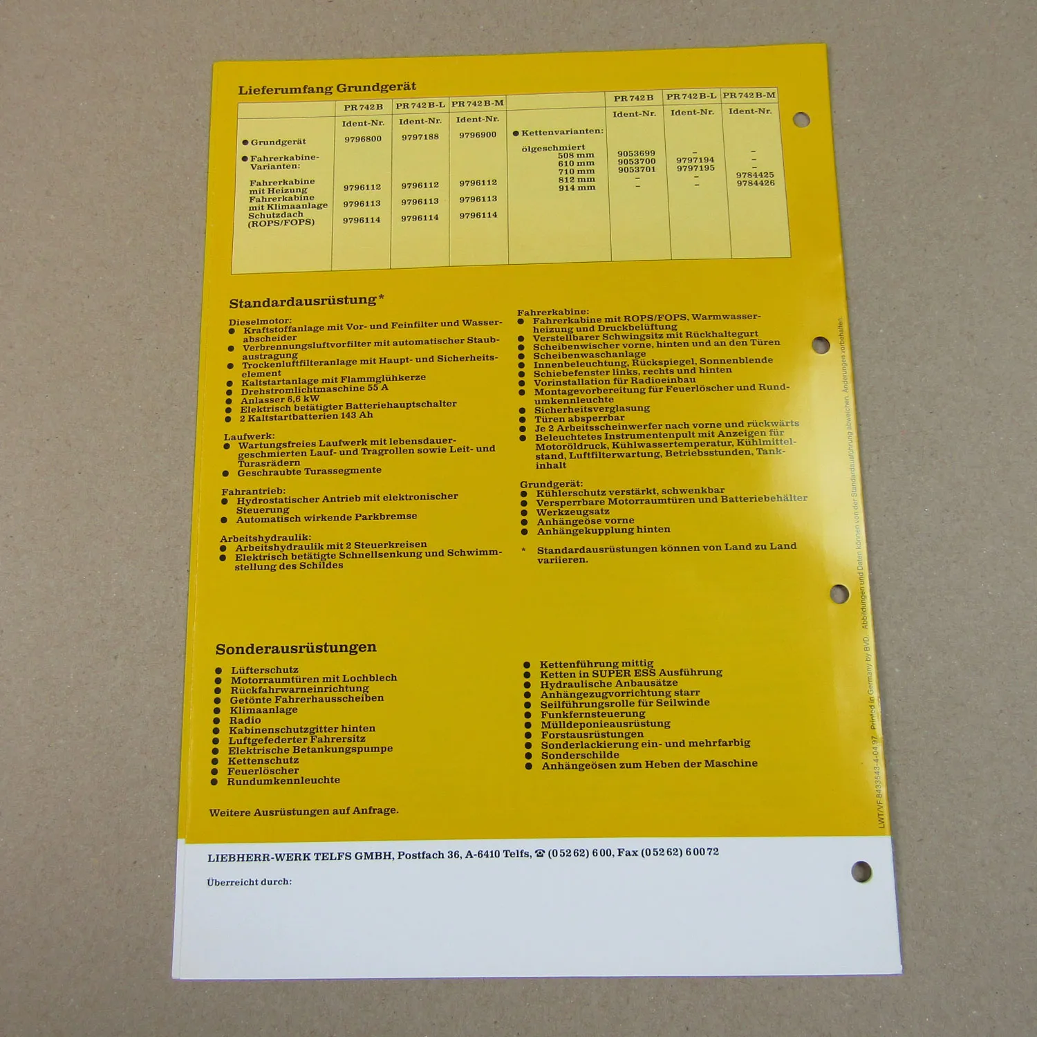 Prospekt Liebherr PR 742B Litronic Planierraupe Technische Beschreibung 1997