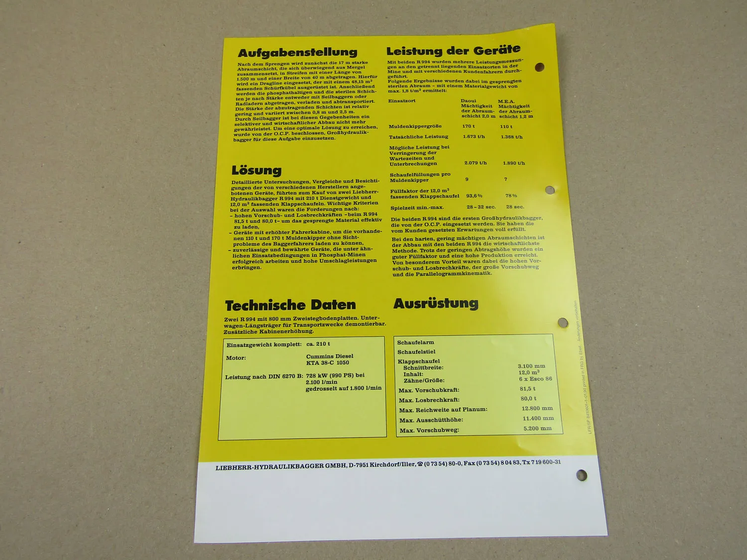 Prospekt Liebherr R 994 Bagger 1990 Einsatzbericht Phosphatabbau Marokko