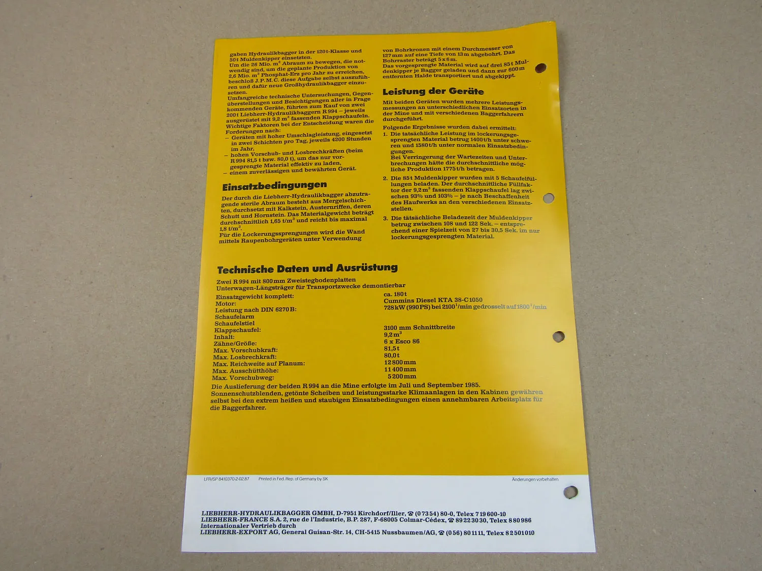 Prospekt Liebherr R 994 Bagger 87 Einsatzbericht Phosphatmine El-Hassa Jordanien