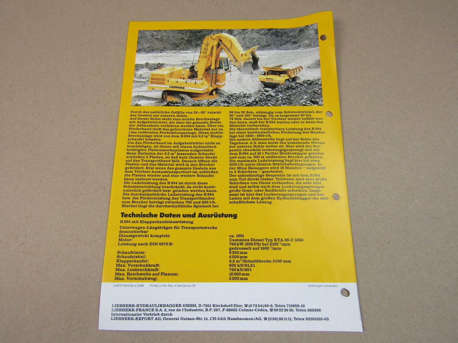 Prospekt Liebherr R 994 Bagger 9/1986 Einsatzbericht Asbest Tagebau-Mine Italien