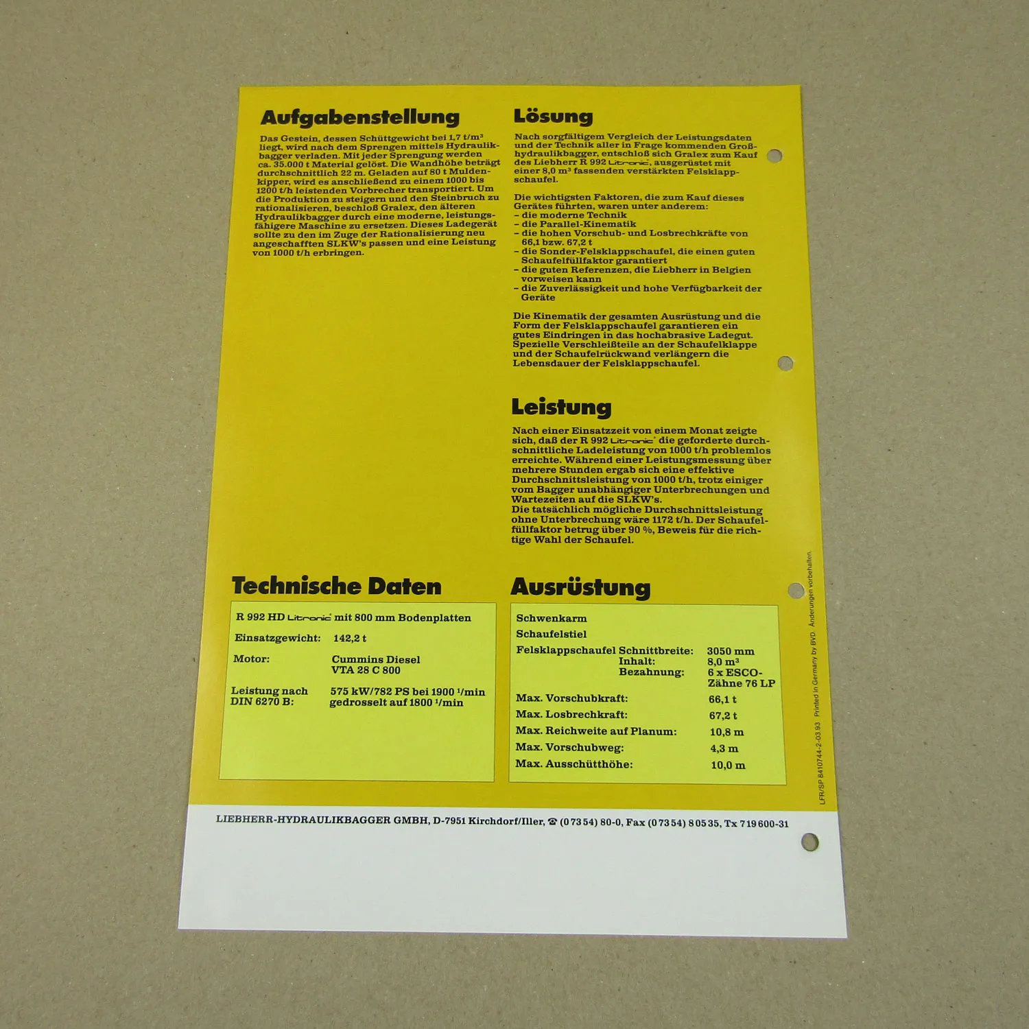 Prospekt Liebherr R992 Litronic Bagger Einsatzbericht Porphyrgestein Belgien Que