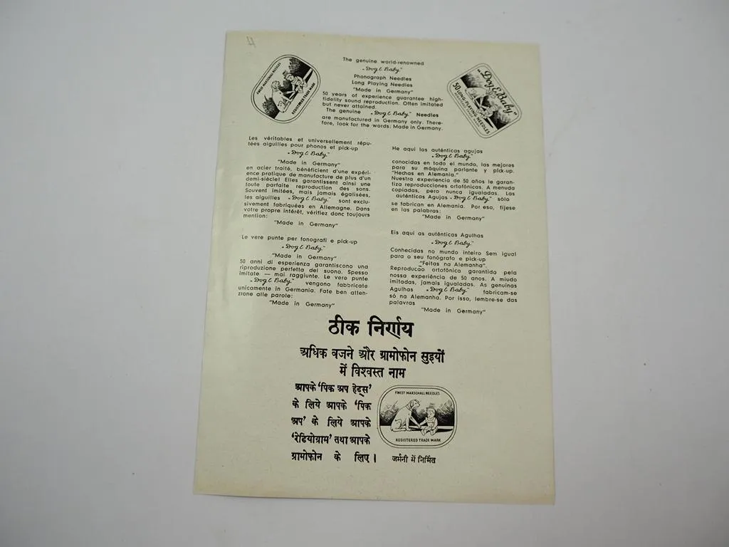 Prospekt Marschall Grammophon Nadeln Dog & Baby 1940/50er Jahre