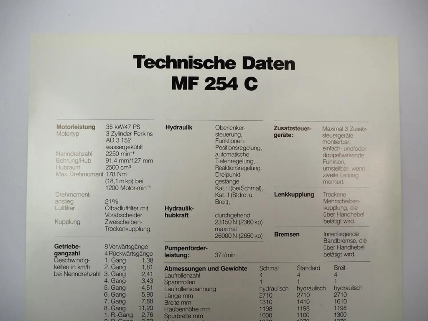 Prospekt Massey Ferguson MF 254C Schlepper Raupenschlepper 1983