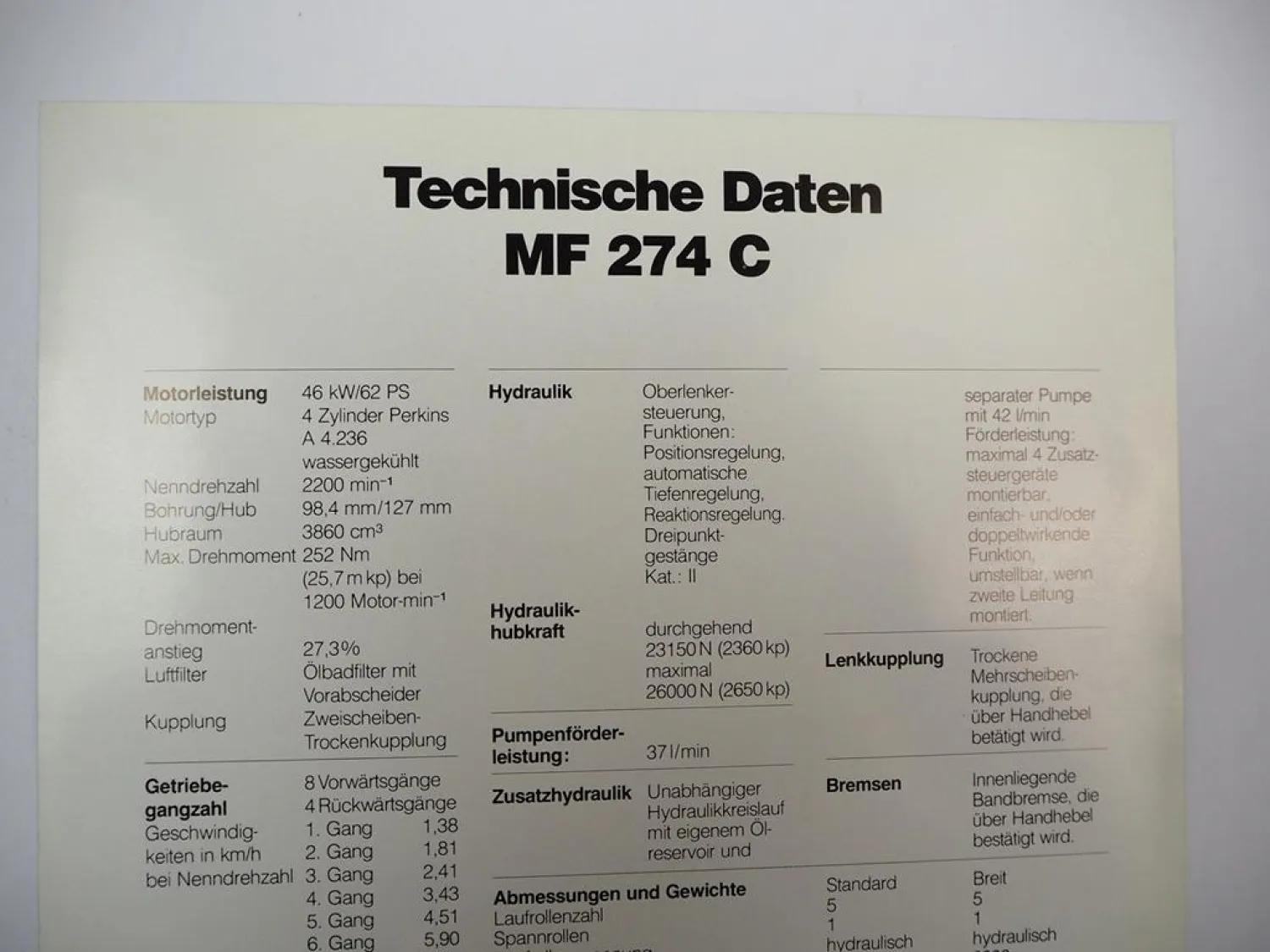 Prospekt Massey Ferguson MF 274C Schlepper Raupenschlepper 1983