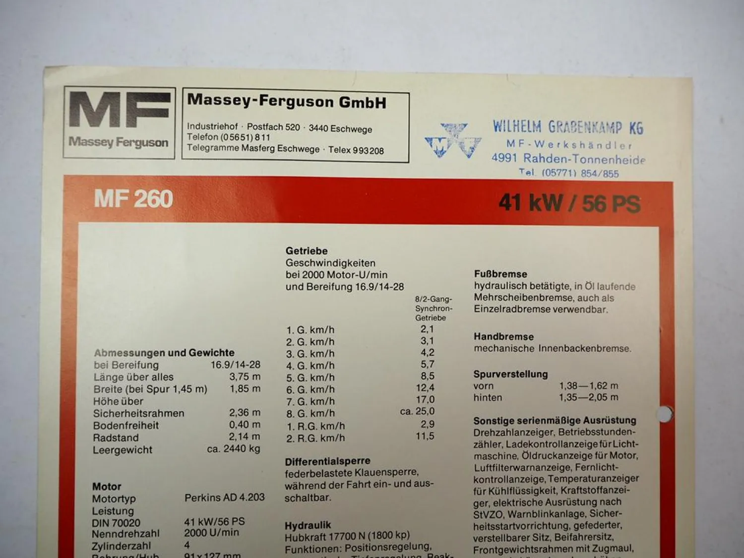 Prospekt Massey Ferguson MF260 Schlepper 56 PS 1978