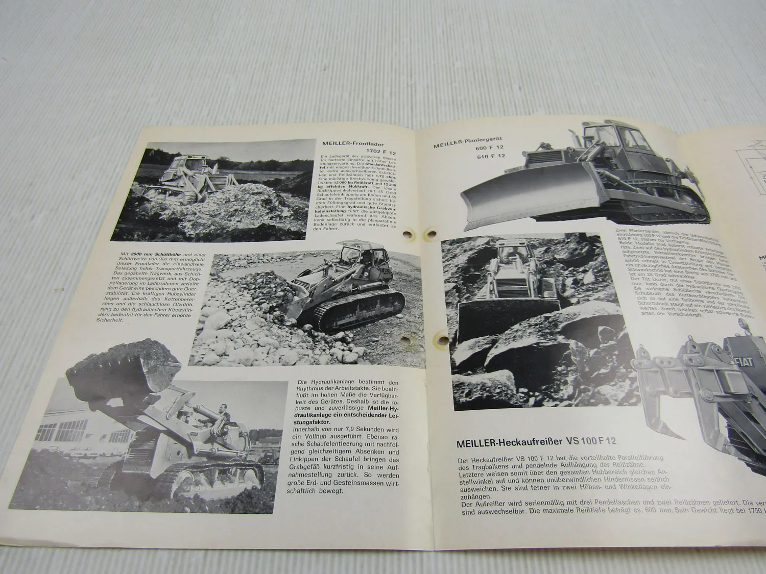 Prospekt Meiller Frontlader und Planiergeräte an Fiat 125 CA CI Raupe 1967