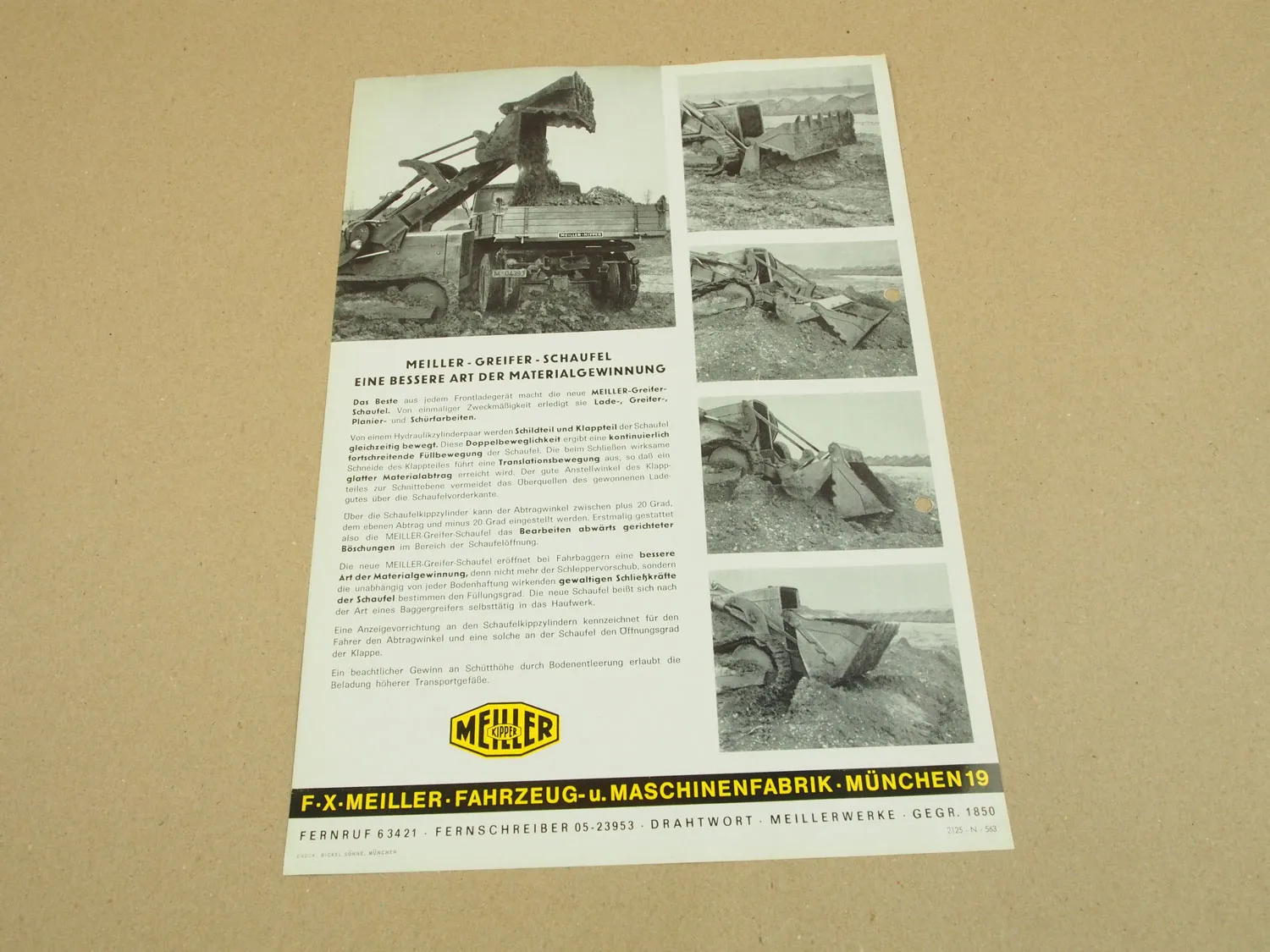 Prospekt Meiller Greiferschaufel für Rad- und Kettenschlepper von 1963
