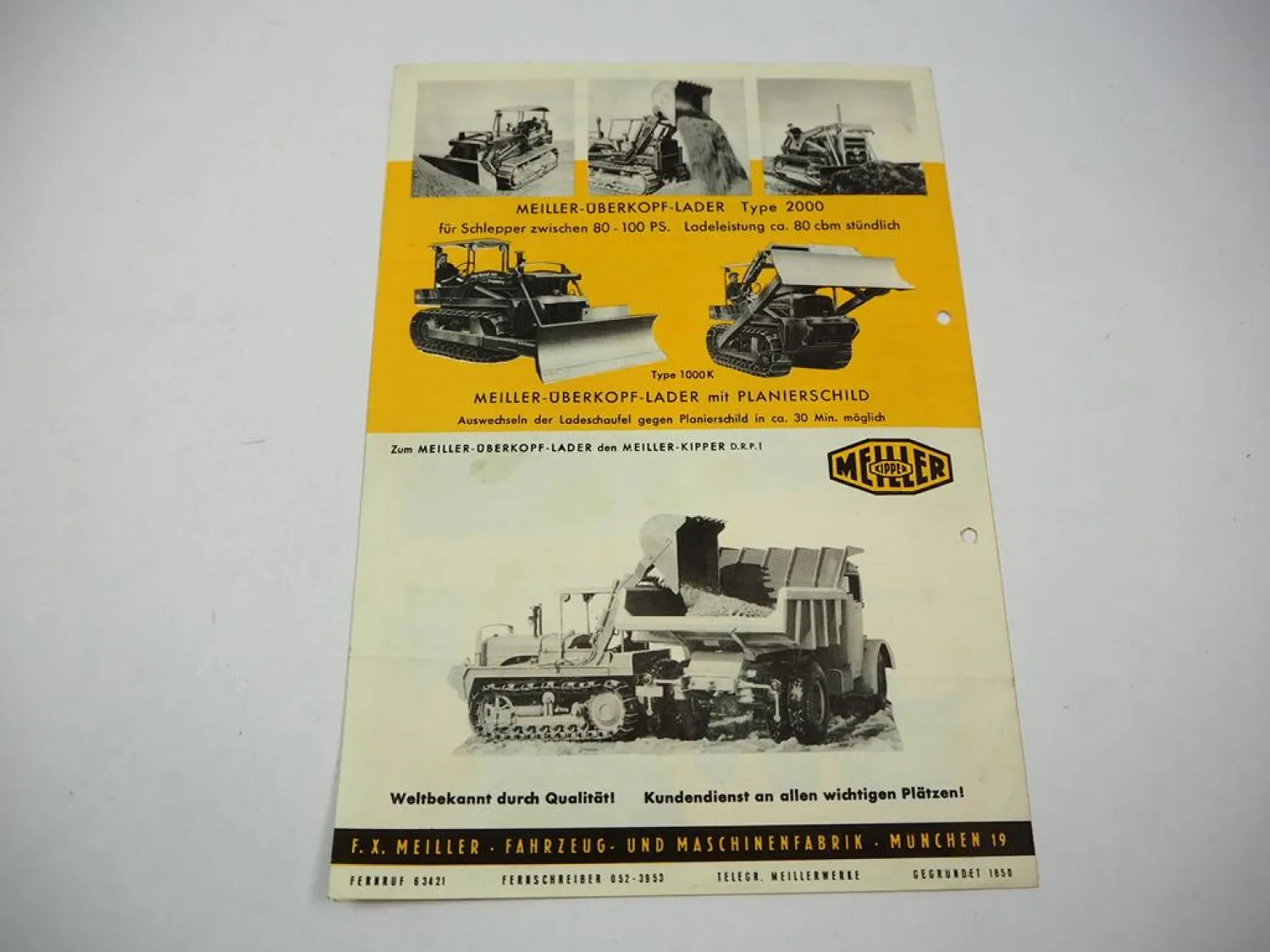 Prospekt Meiller Überkopflader Typ 1000 K R 2000 für Schlepper Raupenschlepper
