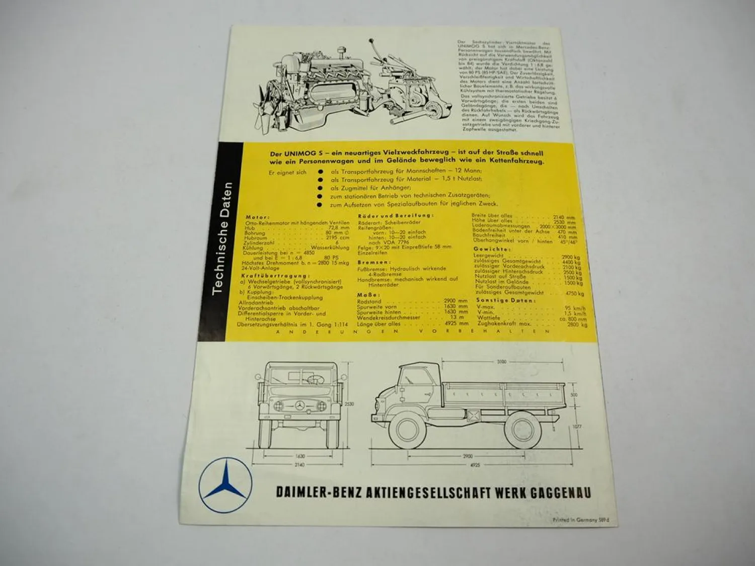 Prospekt Mercedes Benz Unimog S 404 mit technischen Daten 1958