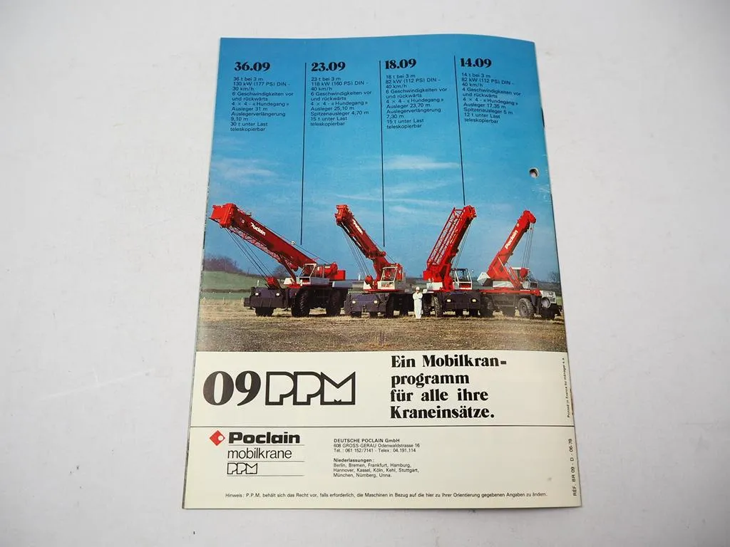 Prospekt Poclain PPM 14.09 18.09 23.09 36.09 Mobilkran mit Teleskopausleger 1978