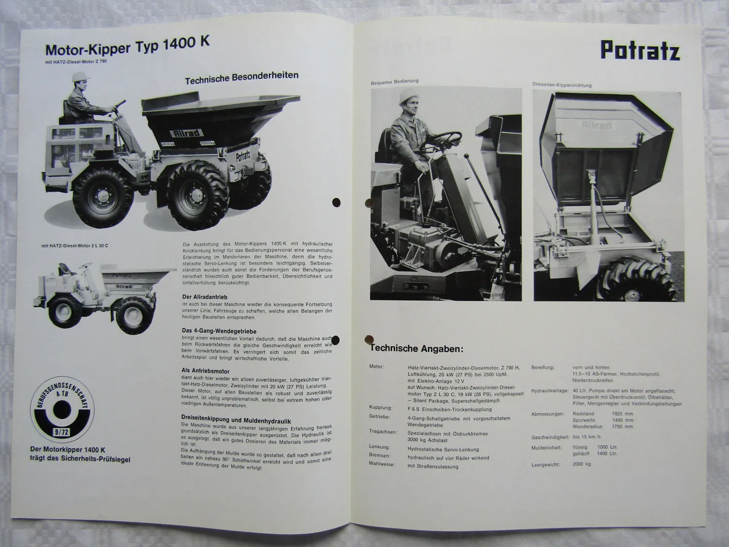 Prospekt Potratz 1400K Motor-Kipper Dreiseitenkipper 1970er Jahre Franfurt/Main