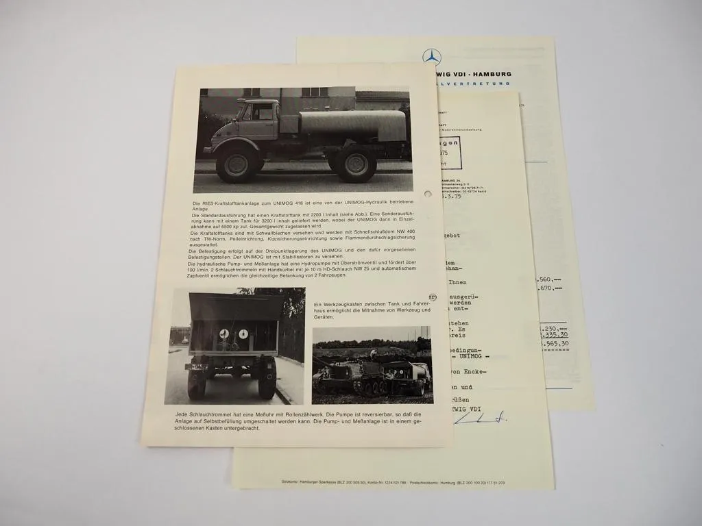Prospekt Ries Tankanlage auf U 90/416 Unimog ca. 1975