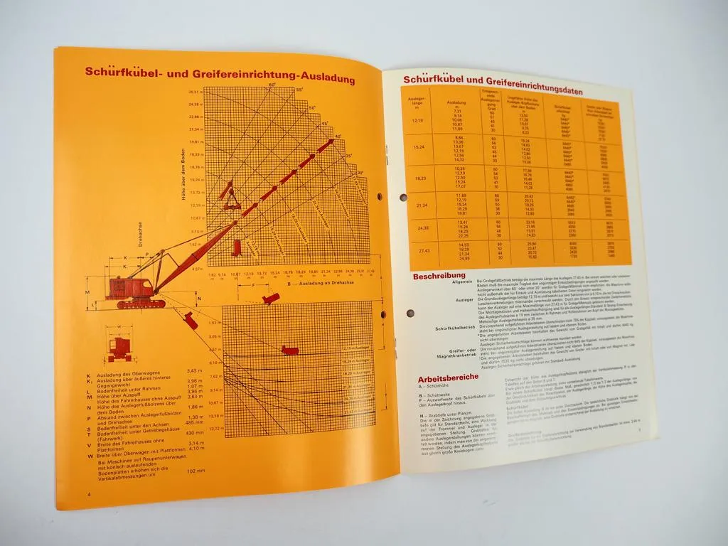 Prospekt Ruston Bucyrus 38-RB Schwerlast Raupenkran Ausrüstung 1970er Jahre
