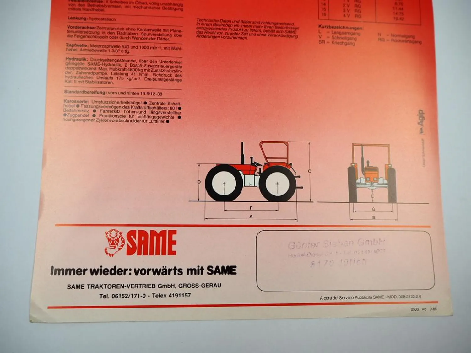 Prospekt Same Row Crop 85 Schlepper mit technische Daten 1985