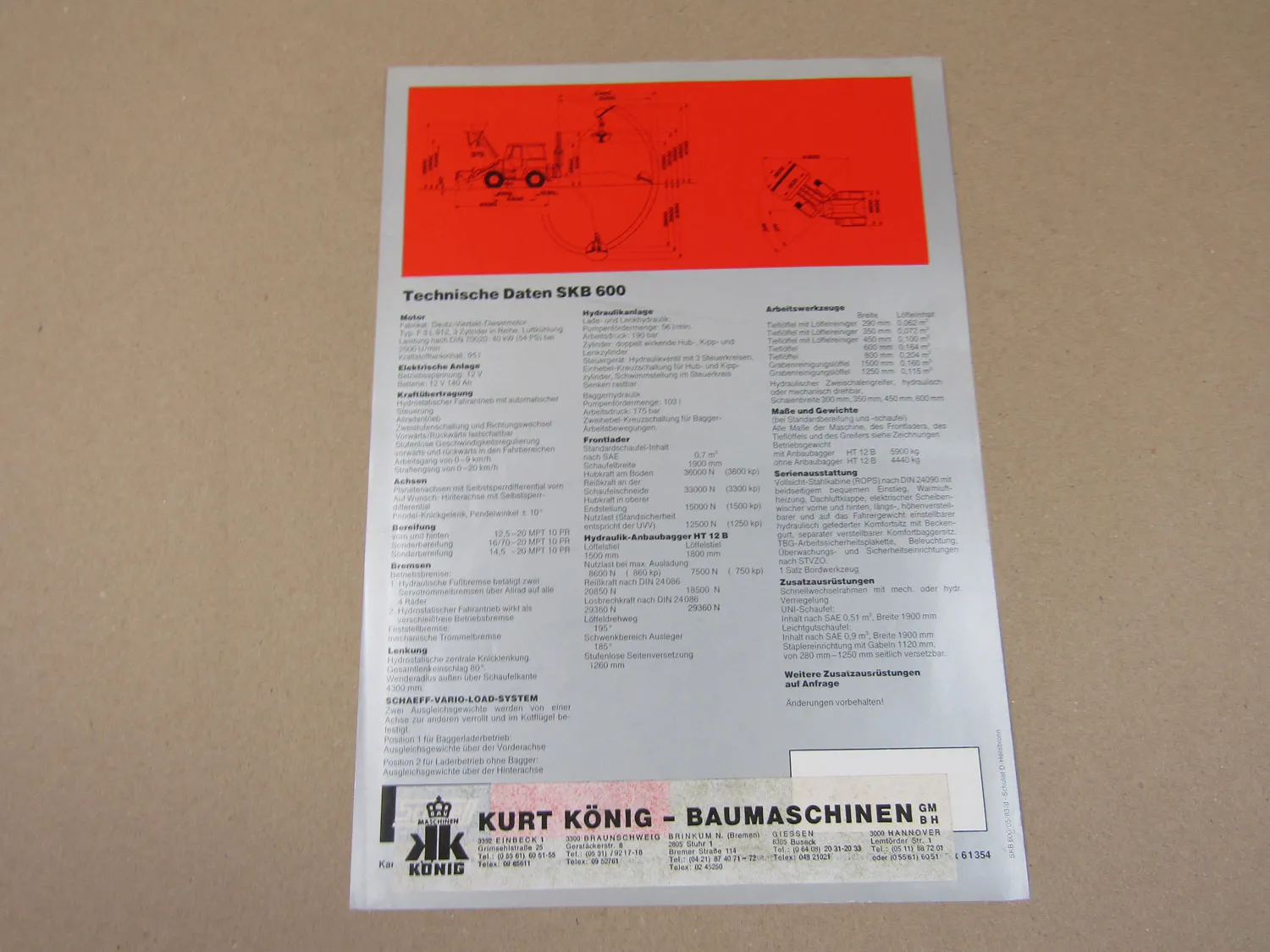 Prospekt Schaeff SKB 600 Lader Bagger mit Deutz Motor von 1983