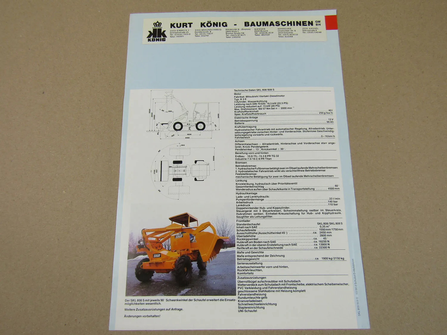 Prospekt Schaeff SKL 808 808S Kleinlader mit Mitsubishi Motor K3E 3/1986
