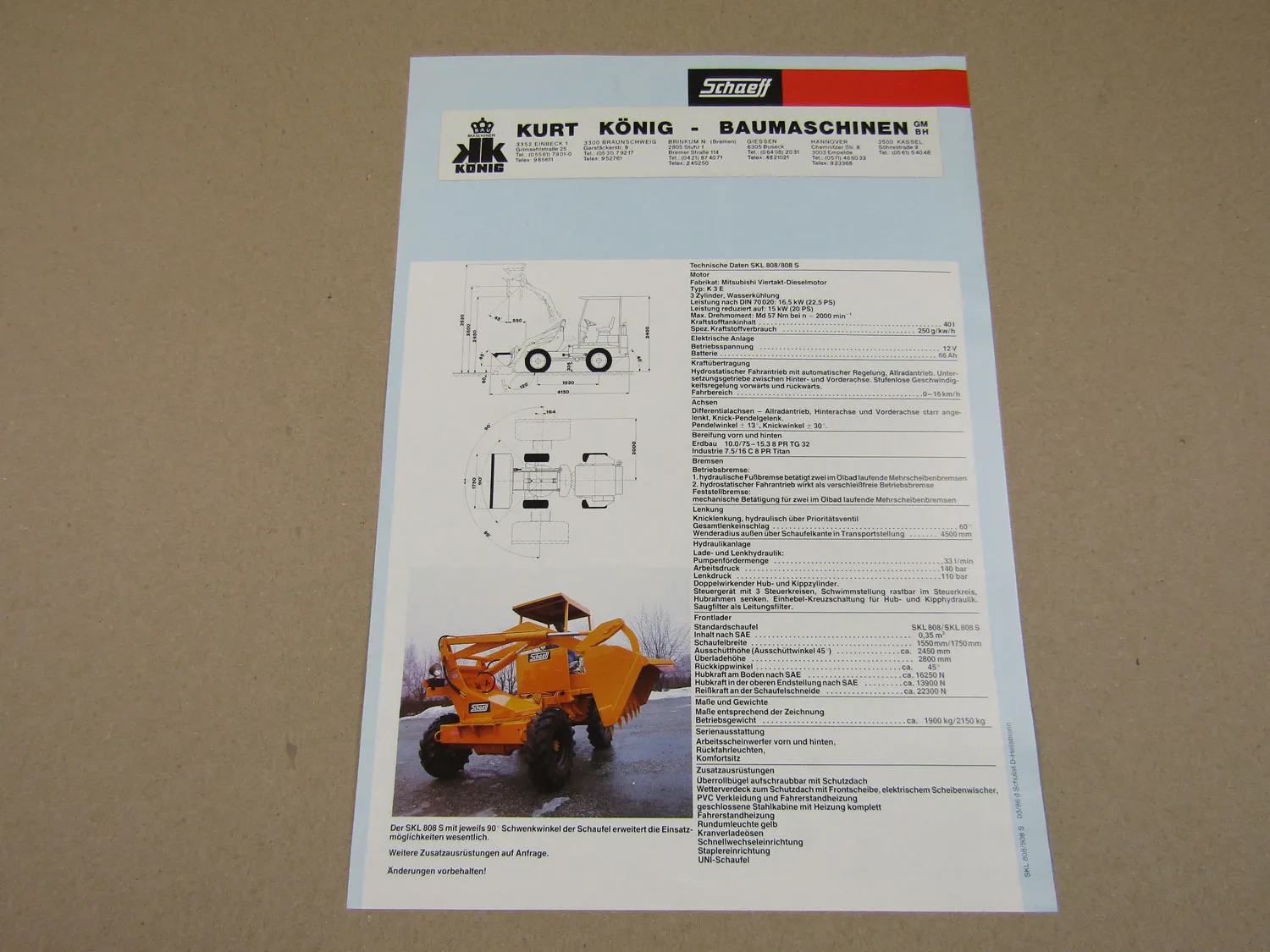 Prospekt Schaeff SKL 808 S Kleinlader mit K3E Mitsubishi Motor 3/1986