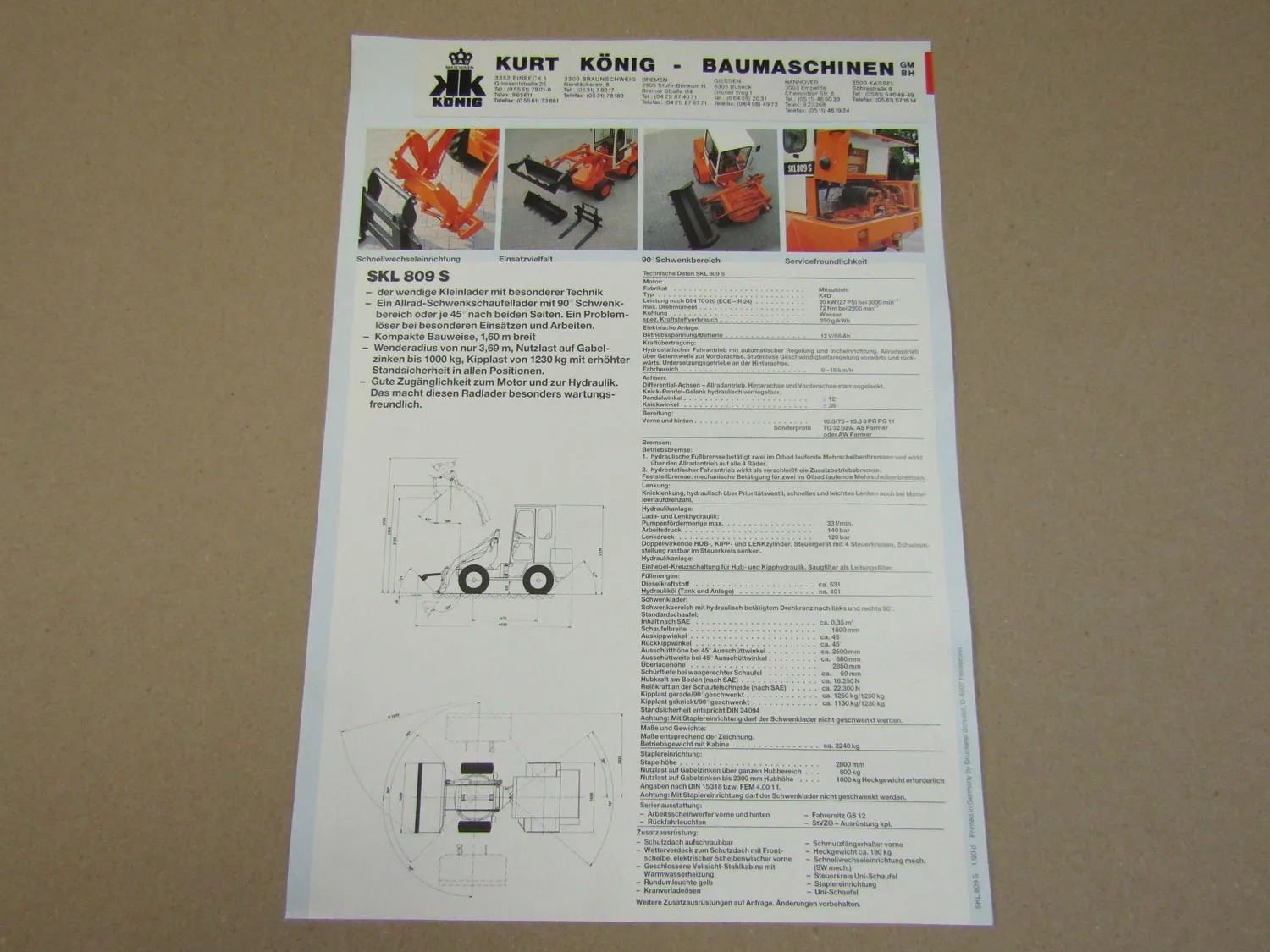 Prospekt Schaeff SKL 809 S Radlader mit 27 PS Mitsubishi Motor K4D von 1/1990