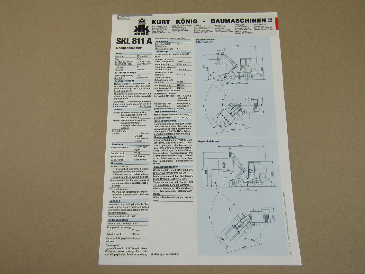Prospekt Schaeff SKL 811 A Kompaktlader Allrad Knicklenker 4/1990