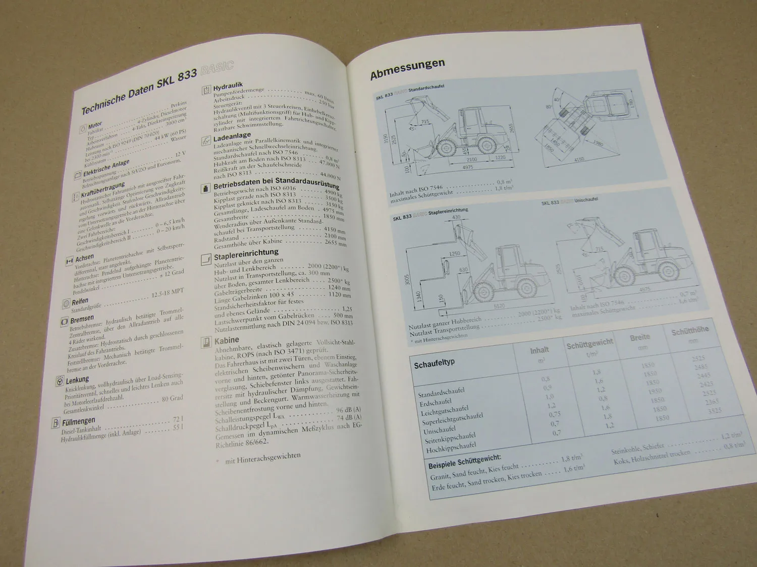 Prospekt Schaeff SKL 833 Basic Radlader mit 60 PS Perkins Motor wohl 90er Jahre