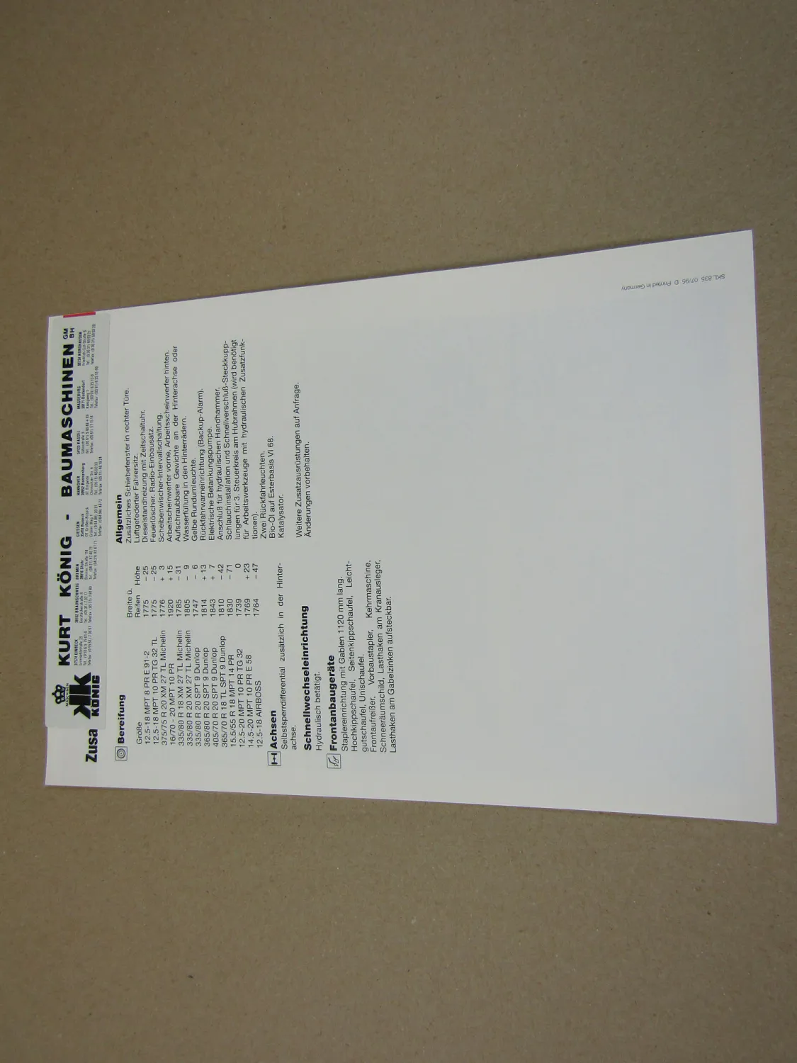 Prospekt Schaeff SKL 835 Radlader Schaufellader 7/1995