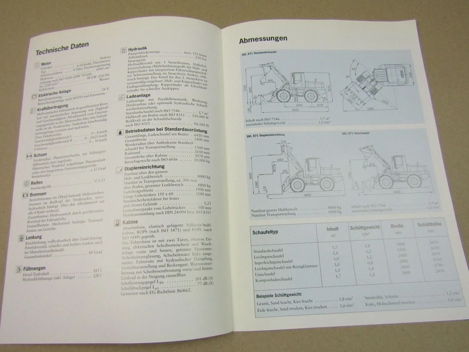Prospekt Schaeff SKL 871 Radlader mit 120 PS Perkins Motor 90er Jahre