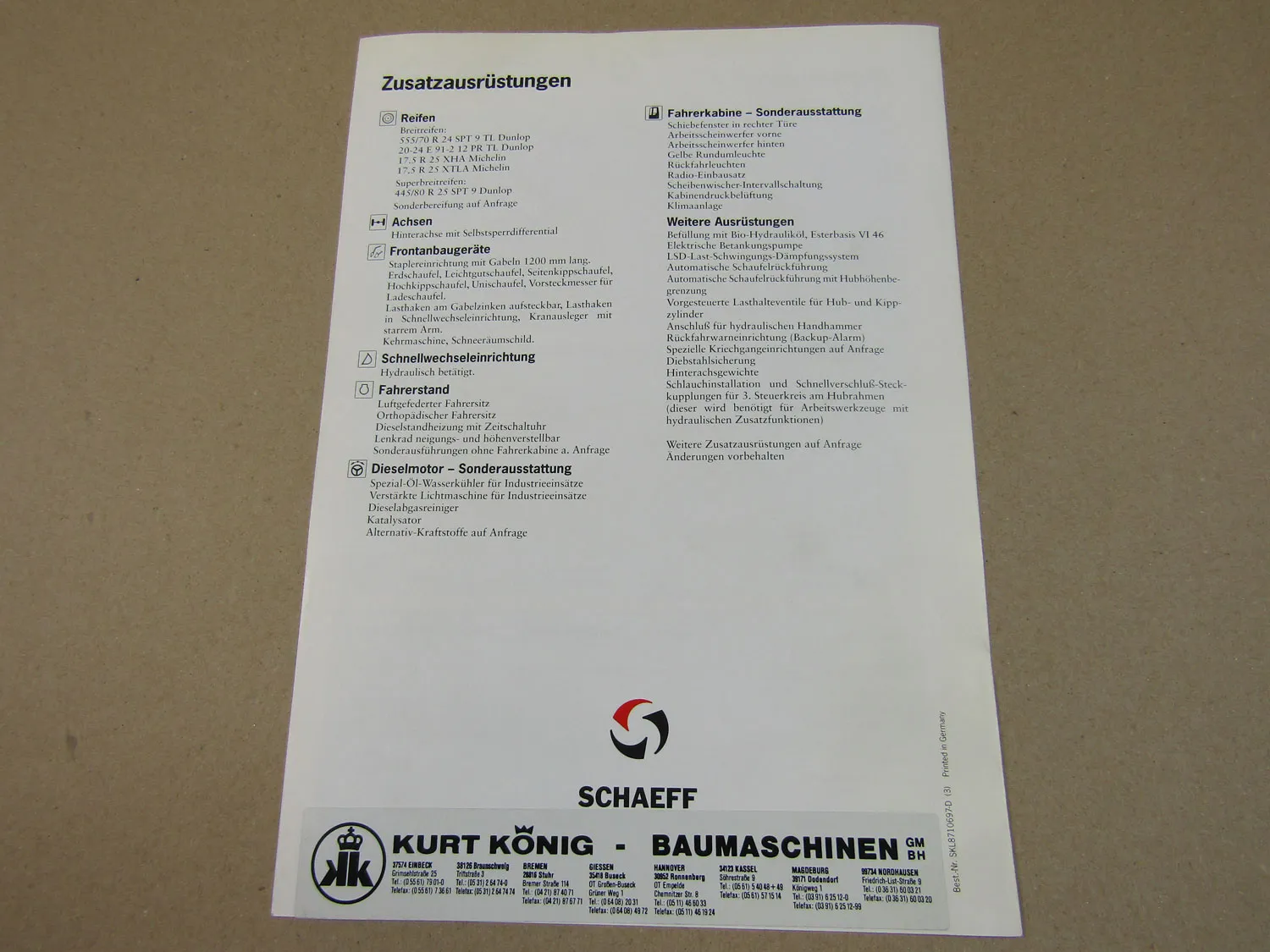 Prospekt Schaeff SKL 871 Radlader mit 120 PS Perkins Motor 90er Jahre