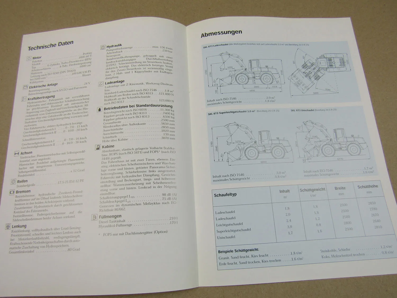 Prospekt Schaeff SKL 873 Radlader mit 136 PS Perkins Motor 90er Jahre