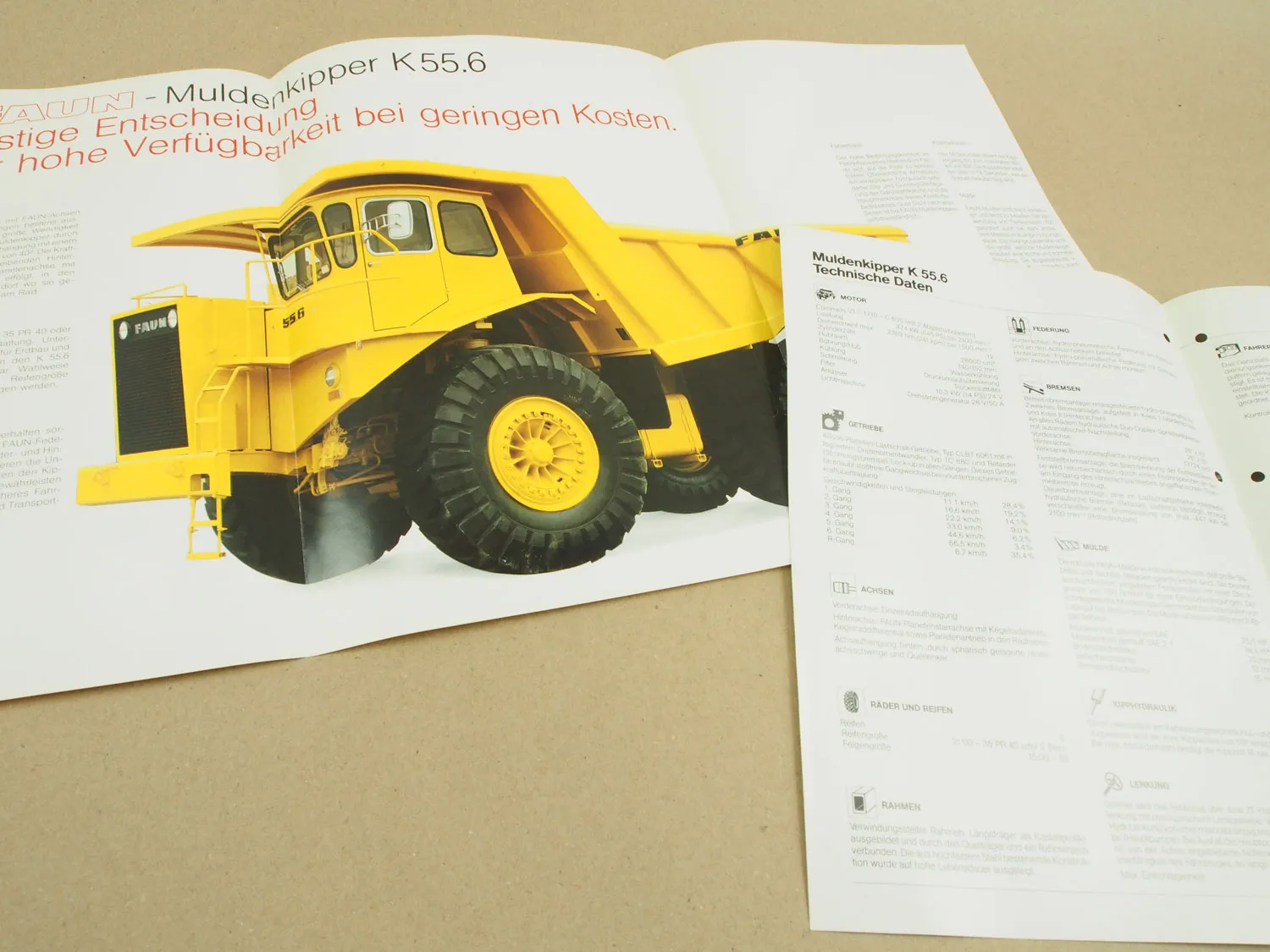Prospekt und Datenblatt für FAUN K55.6 Muldenkipper von 1982/83