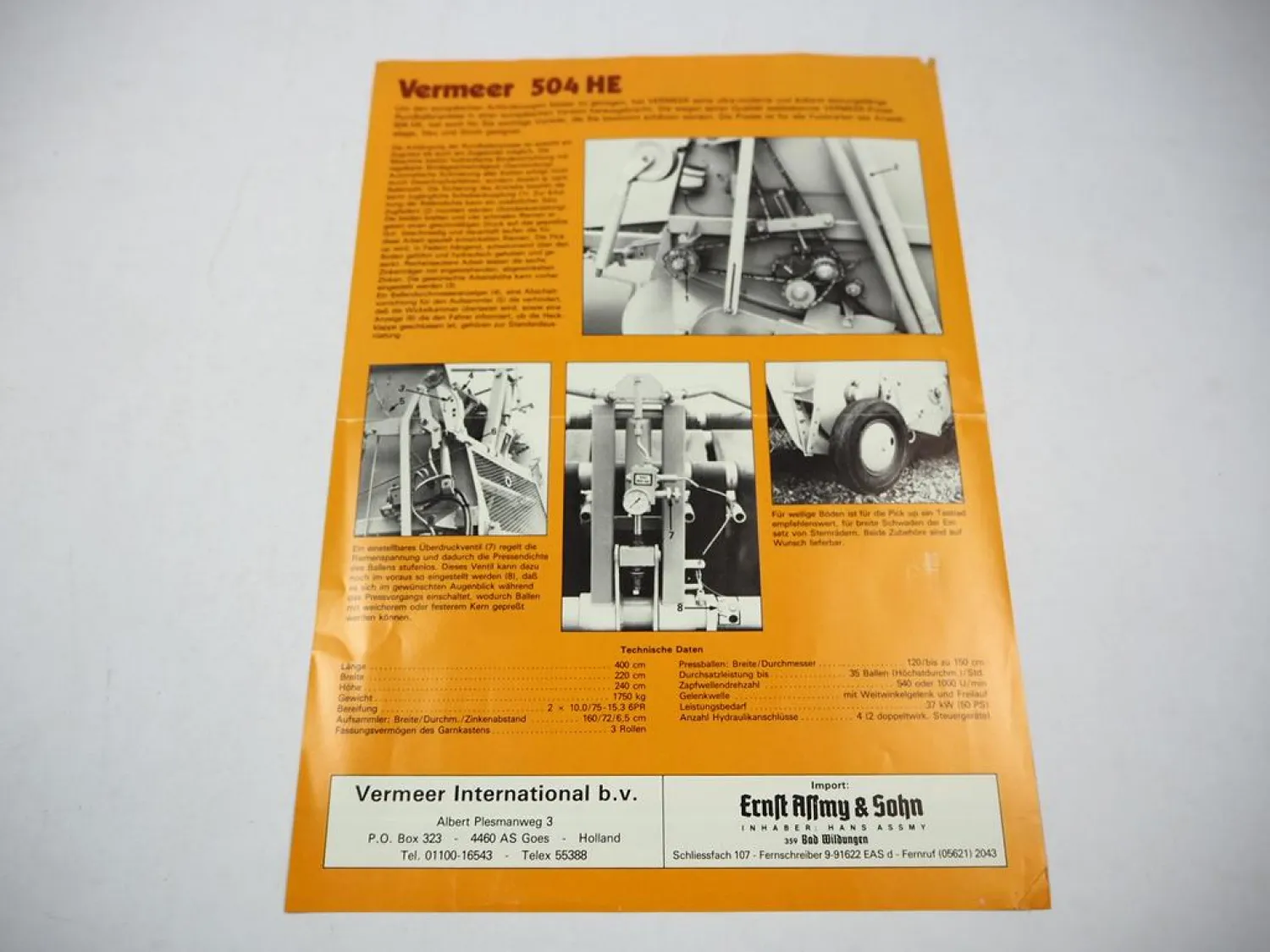 Prospekt Vermeer 504HE Rundballen Presse 1970/80er Jahre