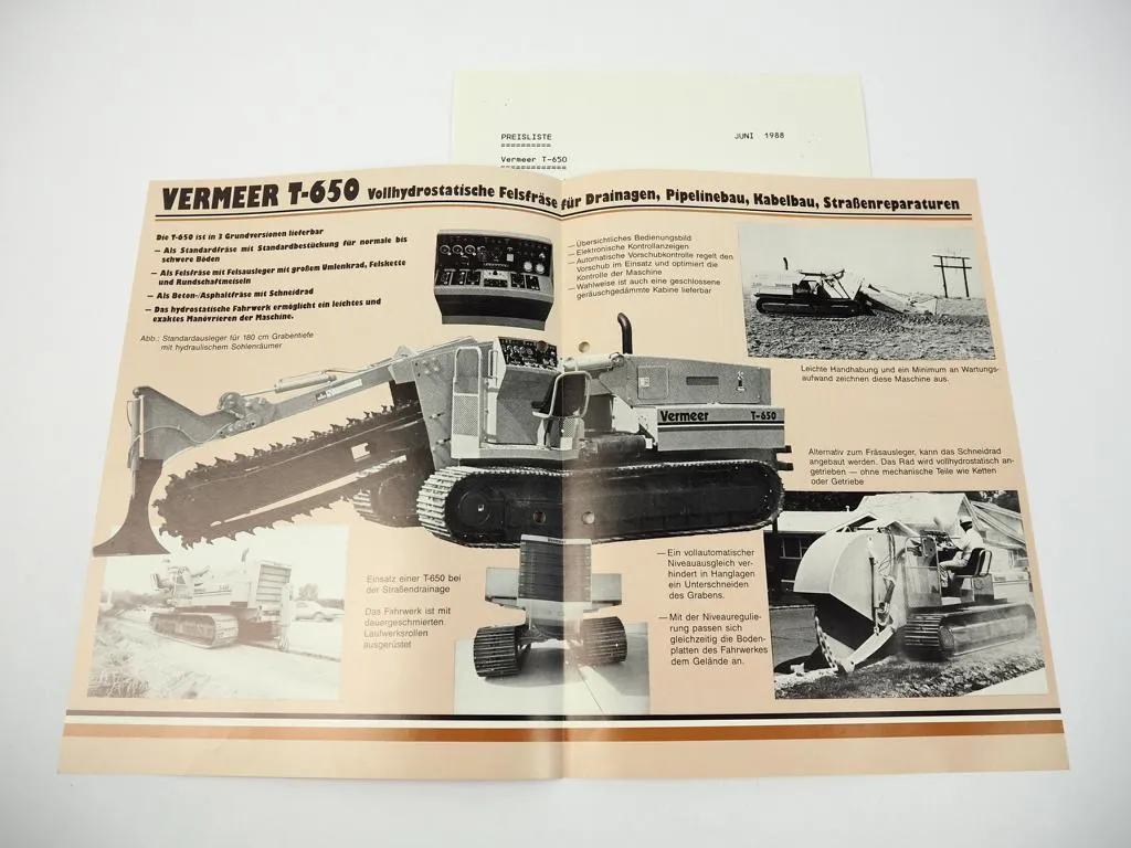 Prospekt Vermeer T650 Grabenfräse Steinbrück 1986 + Preisliste