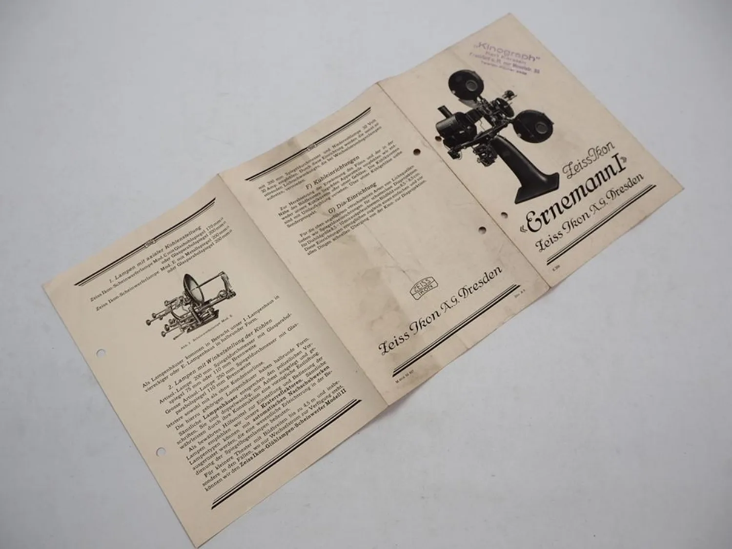 Prospekt Zeiss Ikon Ernemann 1 Film Kino Theater Maschine Apparat ca. 1927