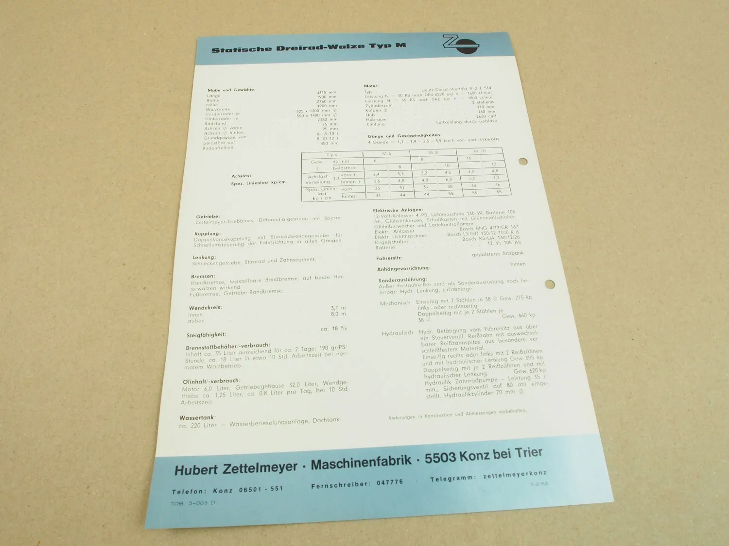 Prospekt Zettelmeyer statische Dreiradwalze Typ M von 1965