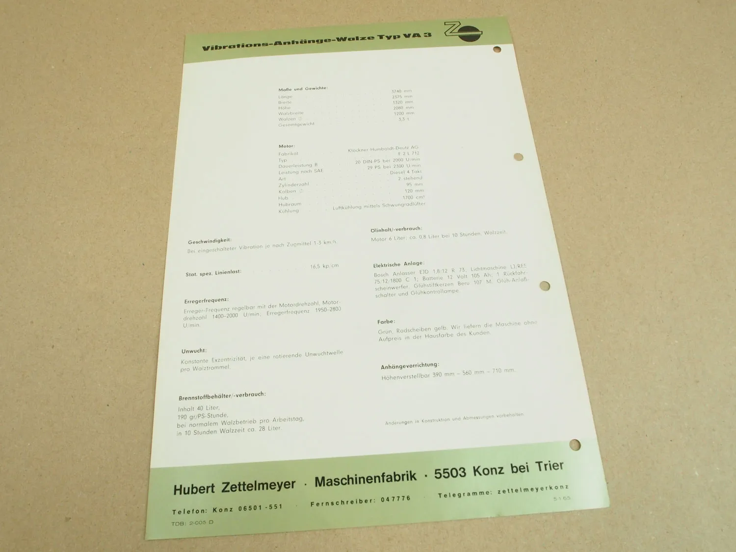 Prospekt Zettelmeyer VA3 Vibrations Anhängewalze 1965