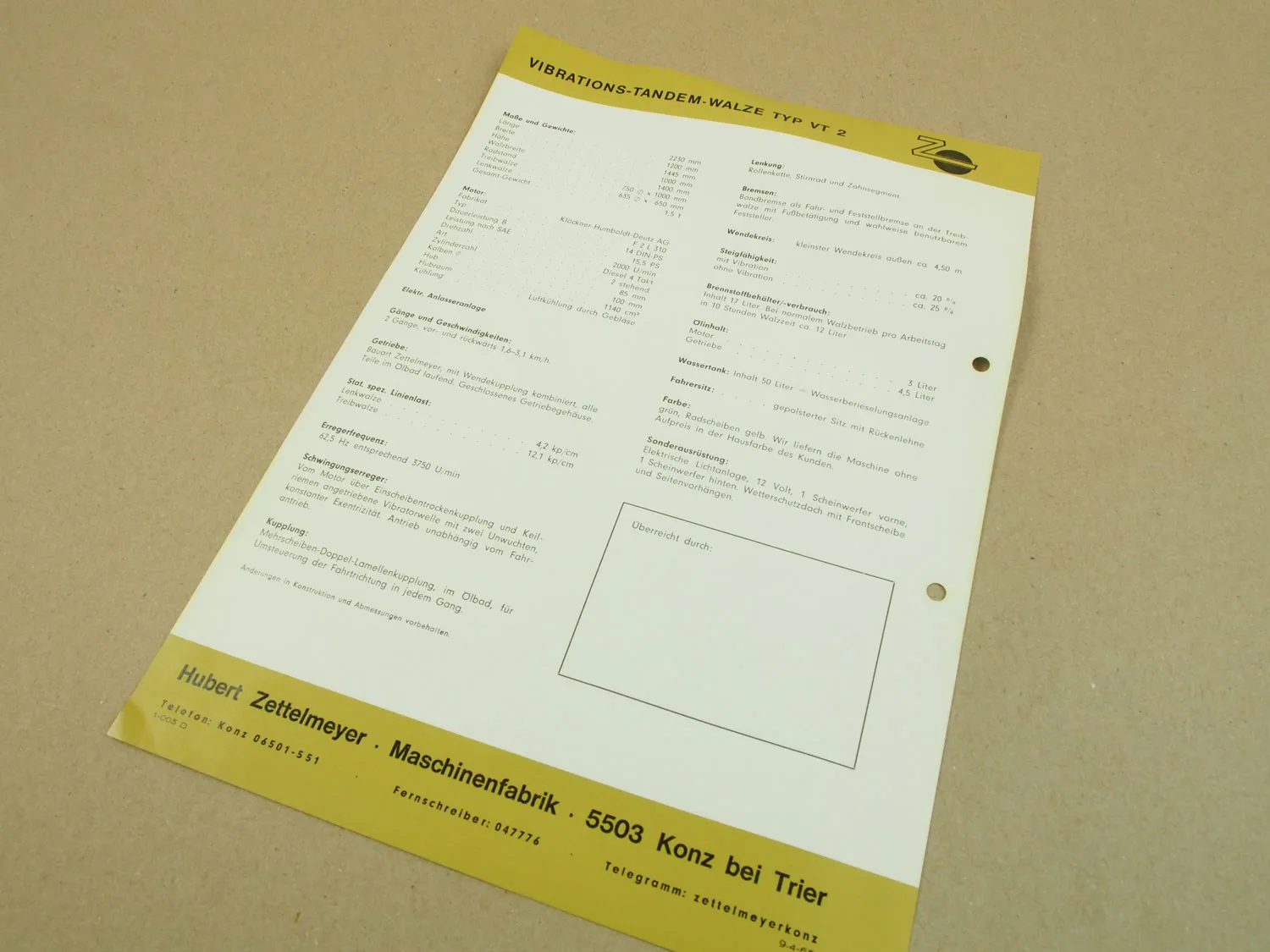 Prospekt Zettelmeyer VT 2 Vibrations Tandemwalze 1965