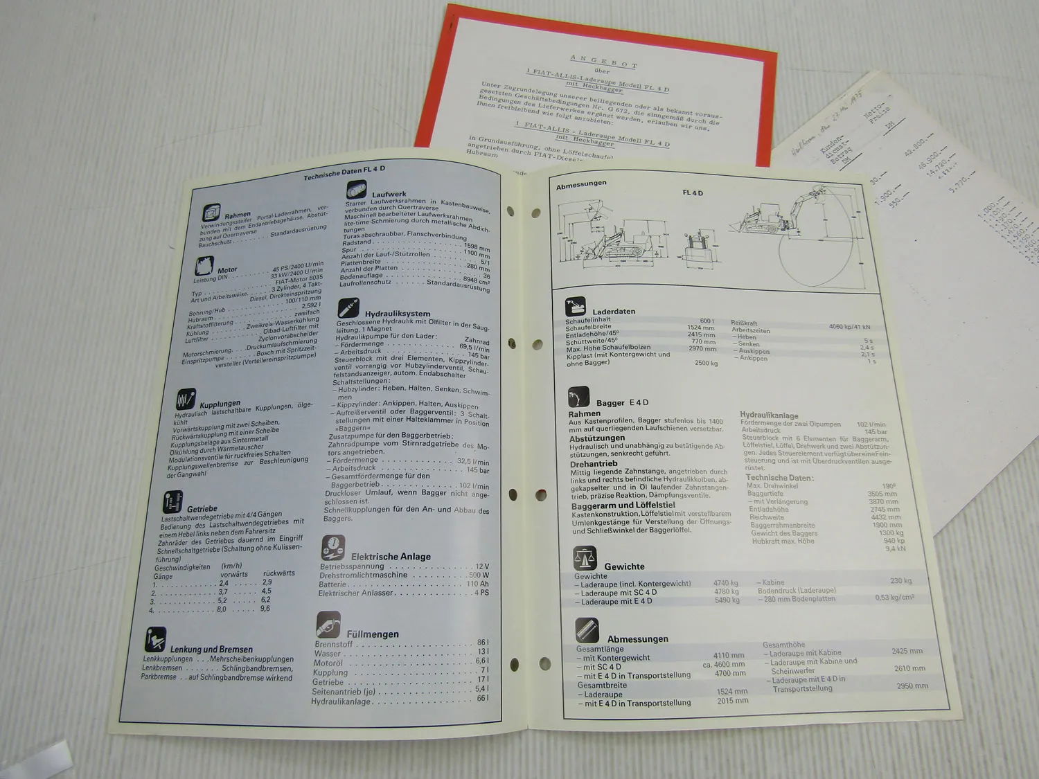 Prospekte Fiat Allis FL14D Laderaupe mit Heckbagger technische Daten Angebot