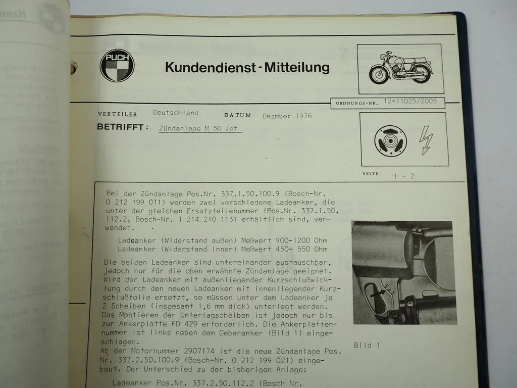 Puch Kundendienst Mitteilungen und Ersatzteile Änderungsmeldungen 1974-1982