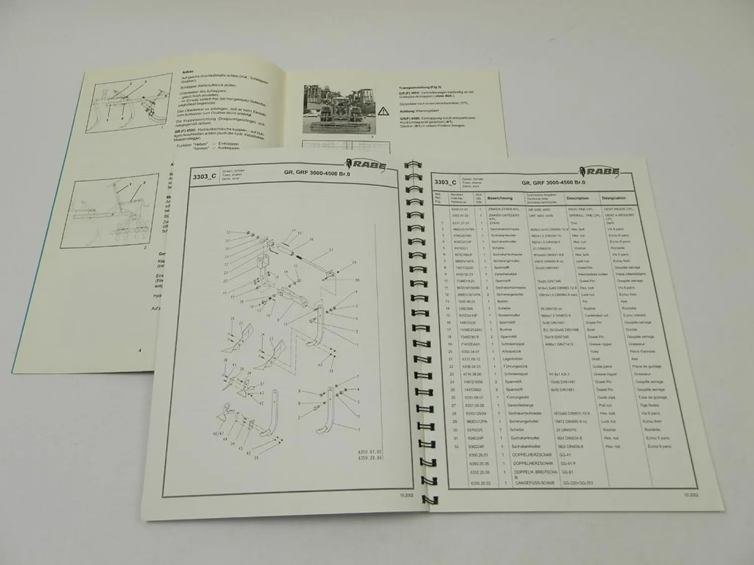 Rabe Blue Bird 3000 4500 GR GRF Grubber Betriebsanleitung Ersatzteilliste 2002