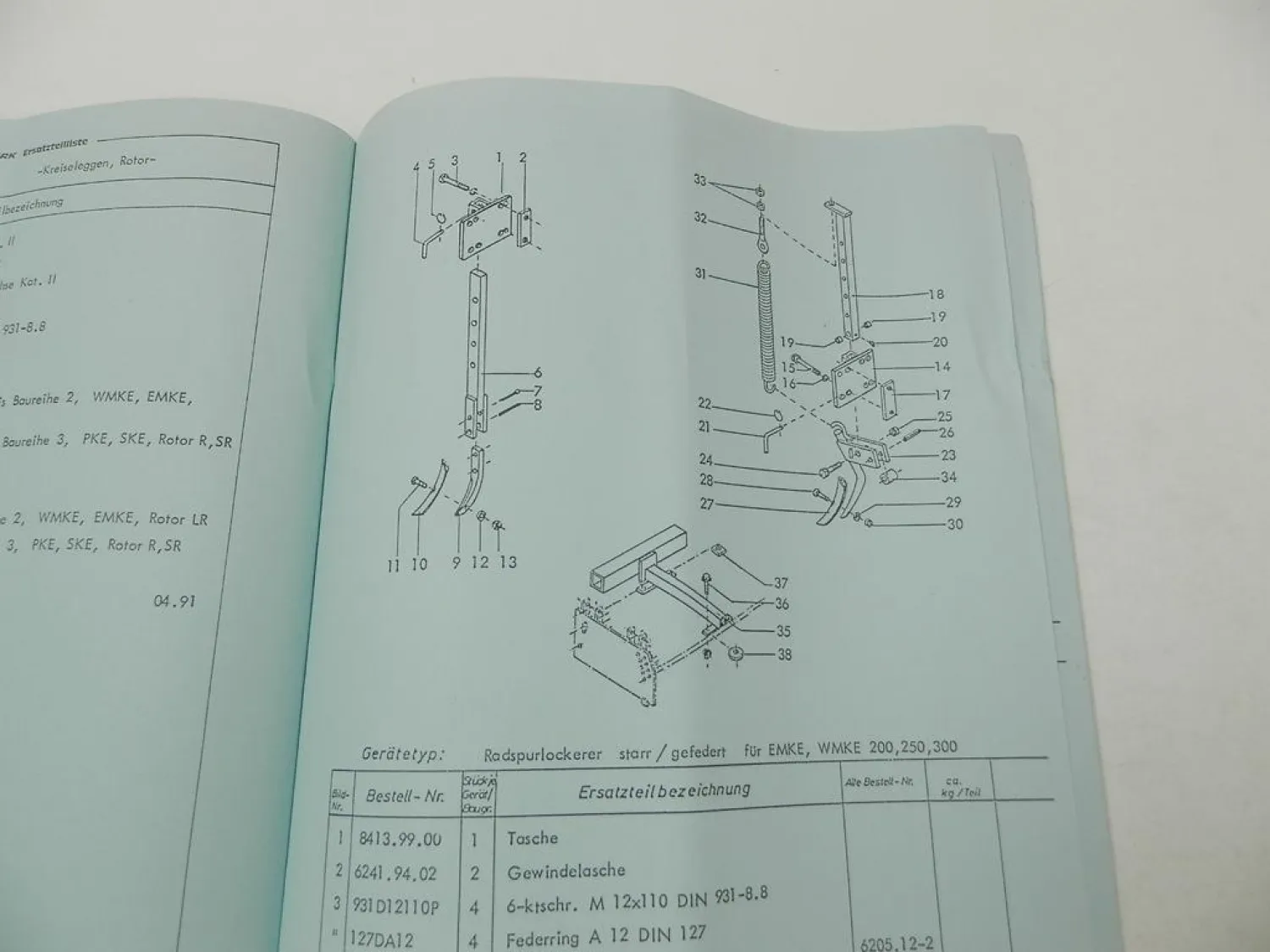 Rabe EMKE WMKE 200 250 300 Kreiselegge Betriebsanleitung Ersatzteilliste 1991