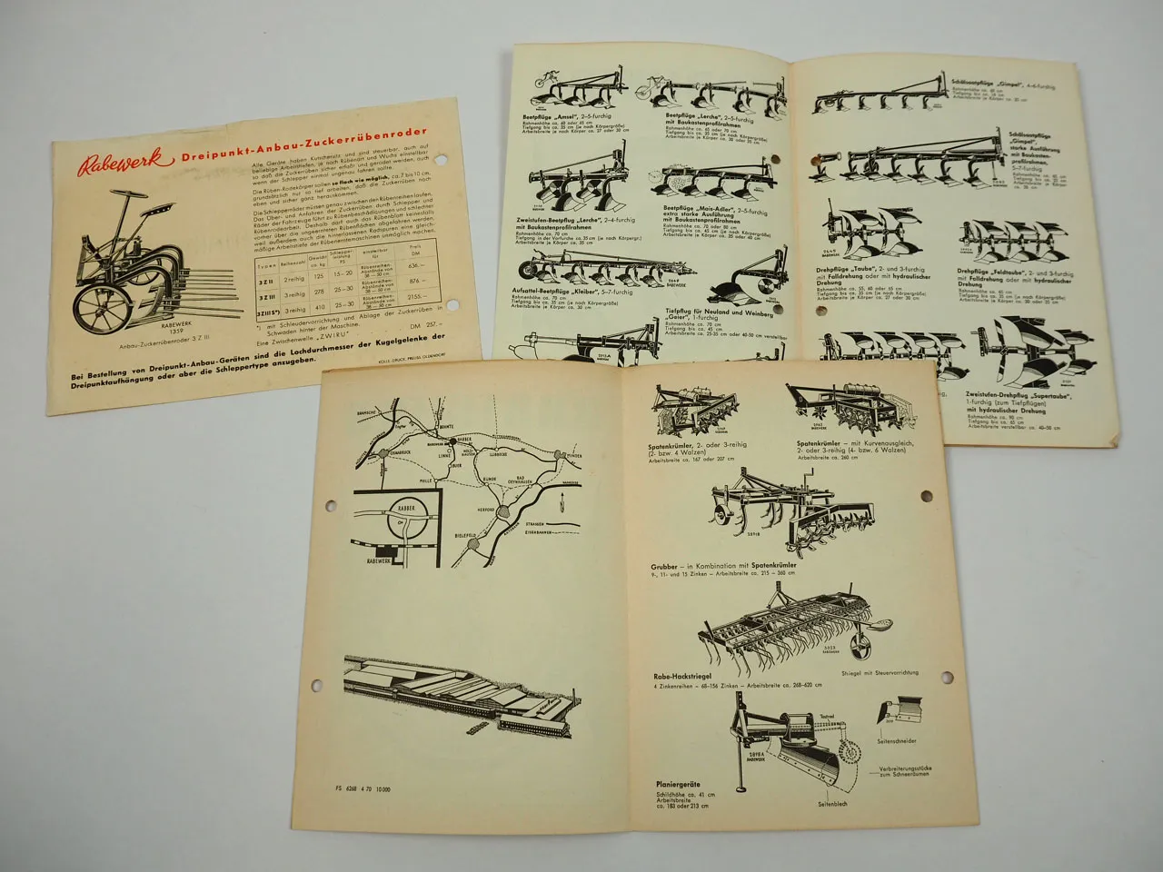 Rabewerk Fabrikationsübersicht Pflüge Eggen Rübenroder 3x Prospekt 1960er Jahre