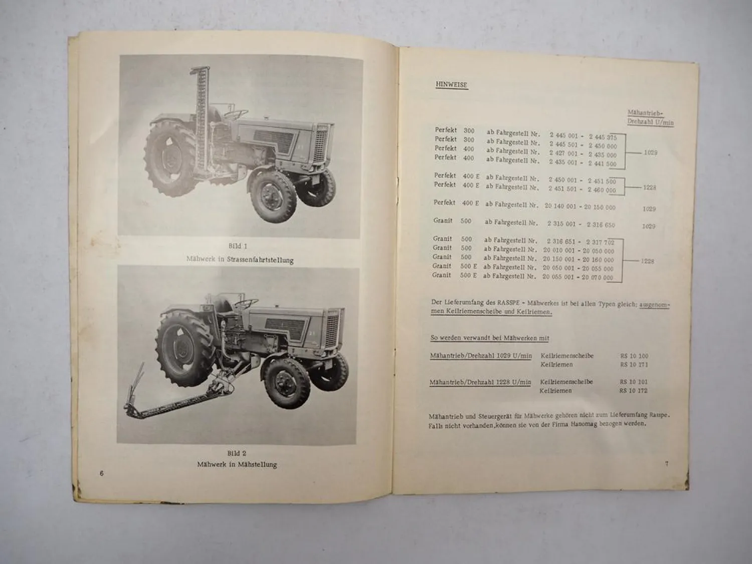 Rasspe Mähwerk für Hanomag Perfekt Granit Betriebsanleitung Ersatzteilliste 1970