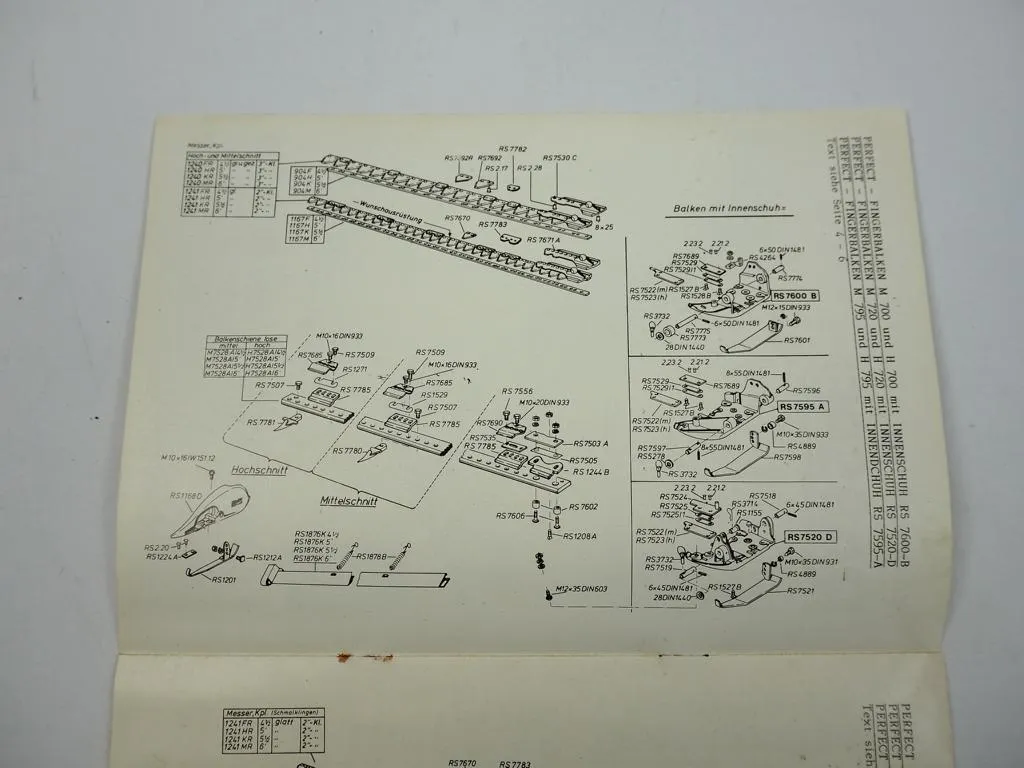 Rasspe Perfect Fingerbalken M H S63 Ersatzteileliste 1982