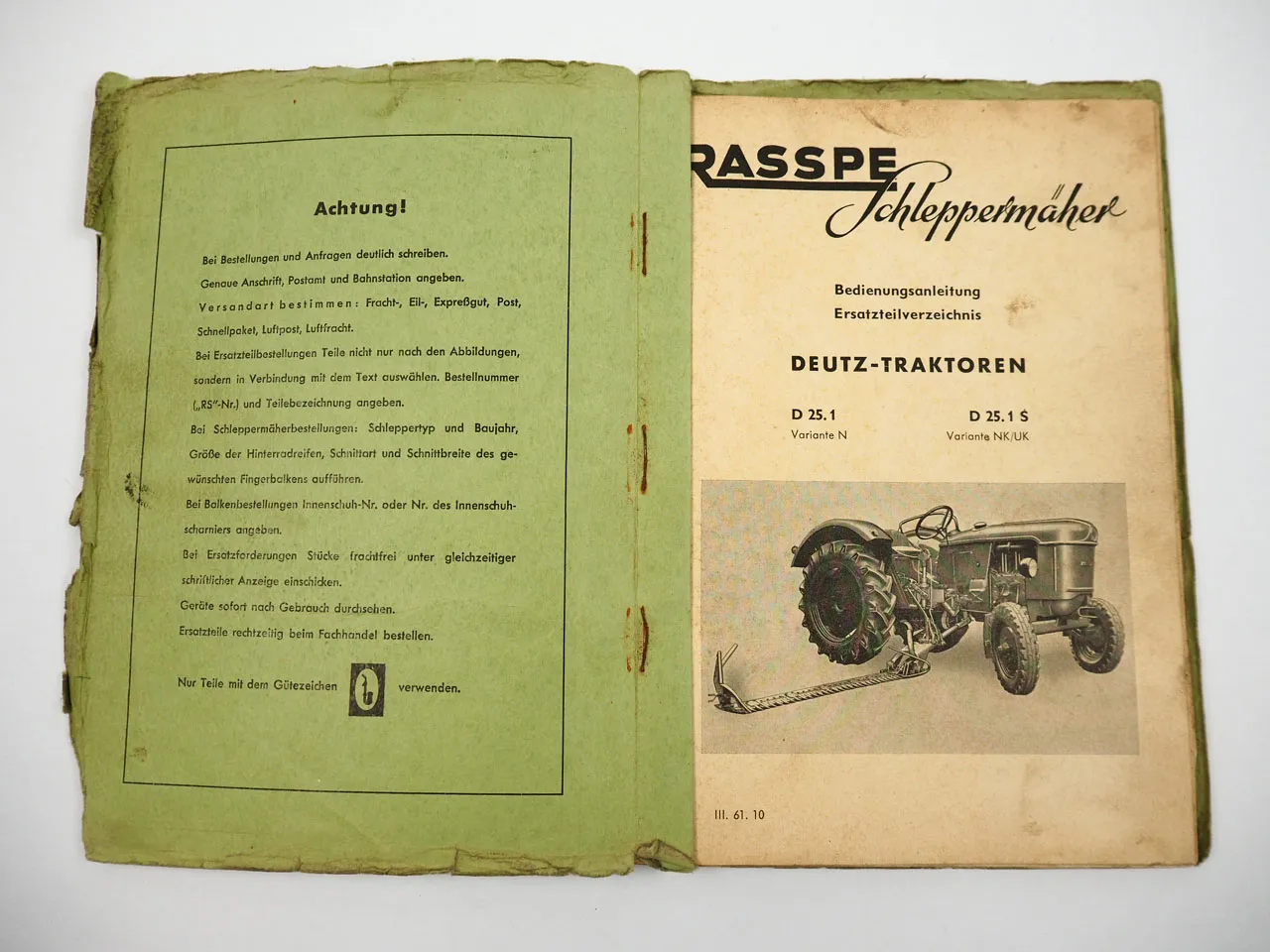 Rasspe Schleppermäher für Deutz D25.1 S Bedienungsanleitung Ersatzteilliste 1961
