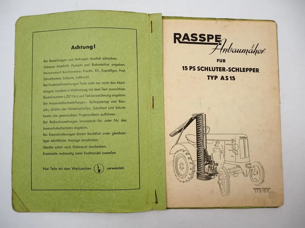 Rasspe Schleppermäher für Schlüter AS15 Betriebsanleitung Ersatzteilliste 1954