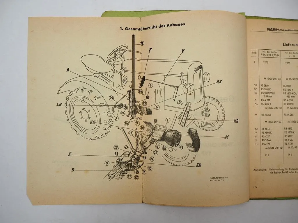 Rasspe Schleppermäher für Schlüter AS15 Betriebsanleitung Ersatzteilliste 1954