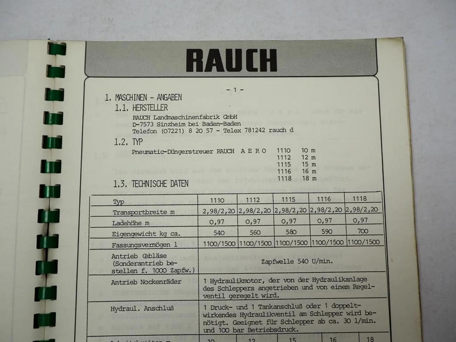Rauch AERO Pneumatik Düngerstreuer Betriebsanleitung Streutabelle ca. 1985